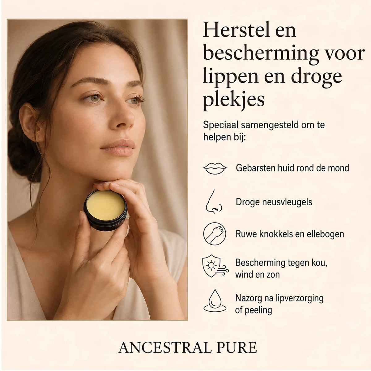Vrouw brengt Repair Woolfat Lip Balm aan bij lippen en droge huid rond de mond
